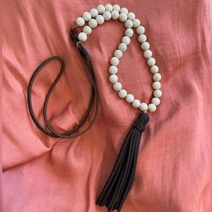 Long Bead and Leather Necklace, Brown and Cream, 23”